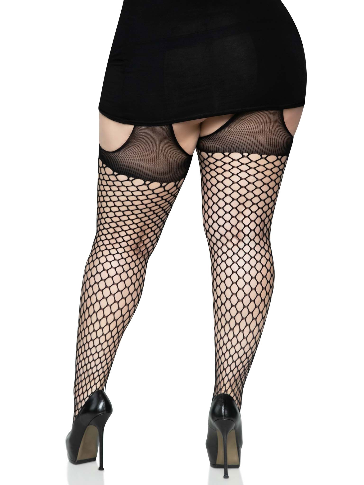 Plus Size Oval Net Suspender Hose with Opaque Top Black > Clothes > Hosiery > Garterbelt Sets
