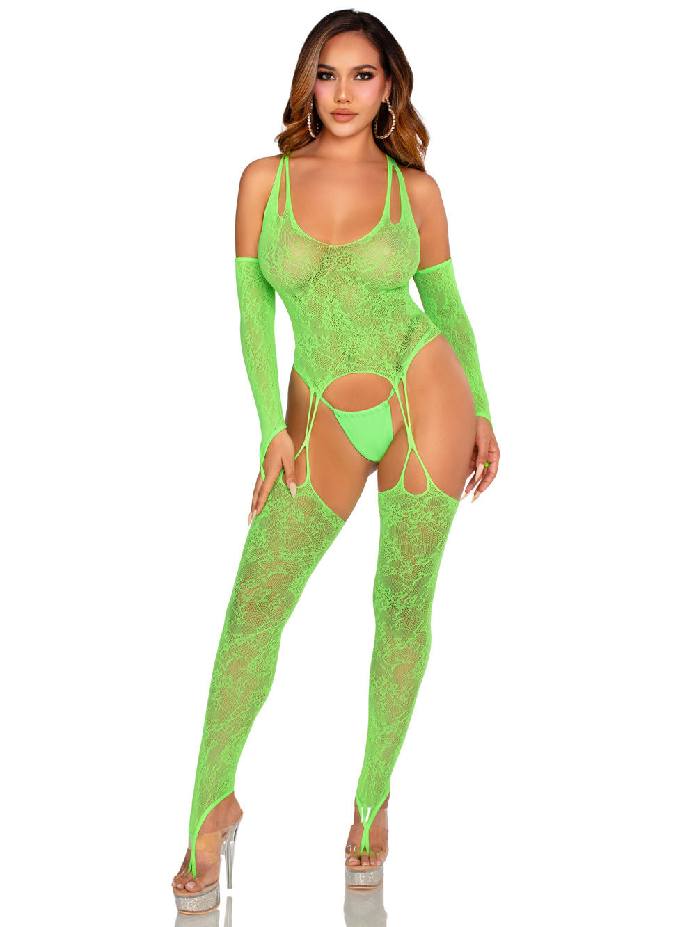 2 Pc Lace Halter Footless Cami Garter Set With Toe Loop Stockings Green Lingerie Sets