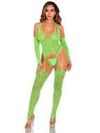 2 Pc Lace Halter Footless Cami Garter Set With Toe Loop Stockings Green One Size > Clothes > Lingerie Sets