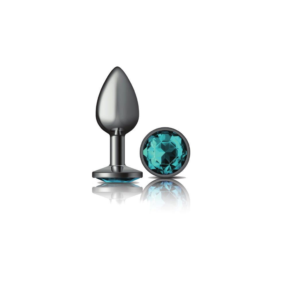 Cheeky Charms Gunmetal Round Butt Plug With Teal Jewel Small > Anal Range > Jewel Butt Plugs