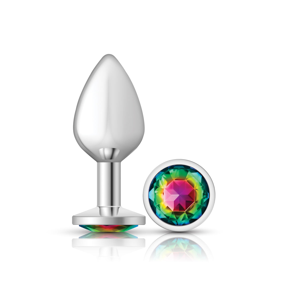 Cheeky Charms Silver Round Butt Plug with Rainbow Jewel Medium (8.03cm) Multi Medium > Anal Range > Jewel Butt Plugs
