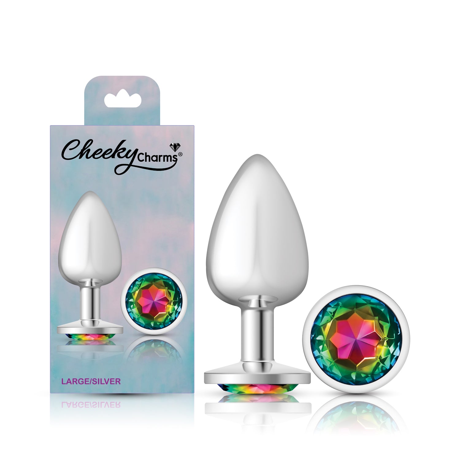 Cheeky Charms Silver Round Butt Plug with Rainbow Jewel Large > Anal Range > Jewel Butt Plugs