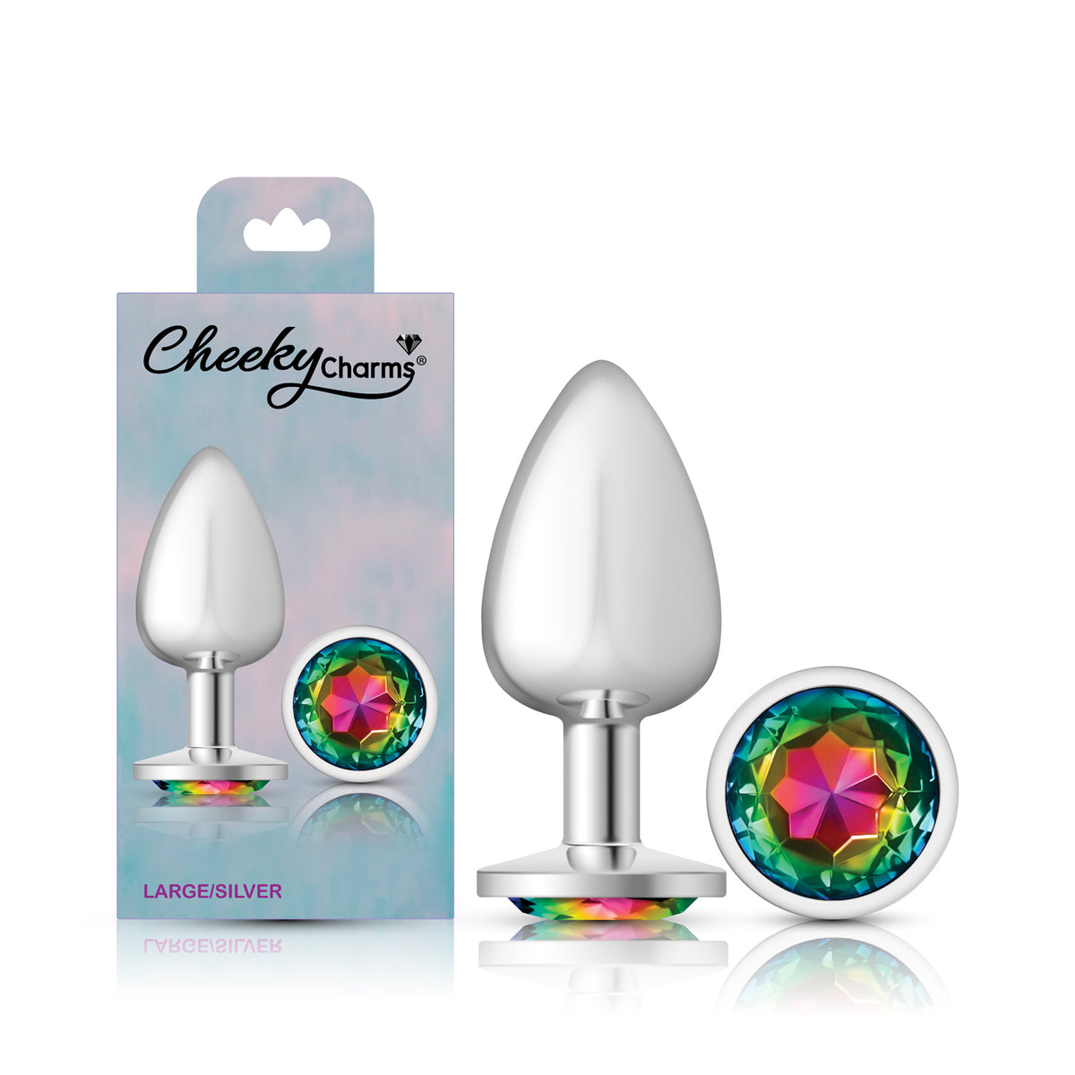 Cheeky Charms Silver Round Butt Plug with Rainbow Jewel Large (9.12cm) > Anal Range > Jewel Butt Plugs