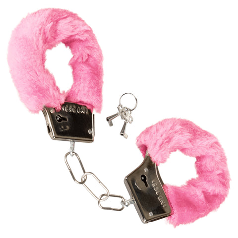 Playful Furry Cuffs Pink Plush Faux Fur Covered Adjustable Handcuffs with Lock and Keys > Bondage Gear > Restraints
