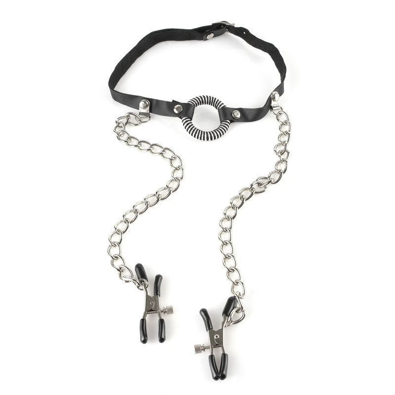 Fetish Fantasy Series O Ring Gag with Nipple Clamps Body Restraints Secondary image