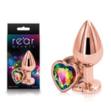 Rear Assets Rose Gold Heart Medium - Rose Gold Medium Metal Butt Plug with Rainbow Heart Gem Base