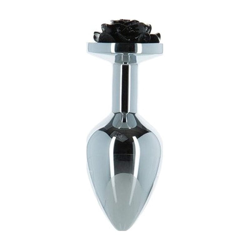 LUX Active Adult Toys Silver Black Rose 3in Metal Butt Plug 677613382115