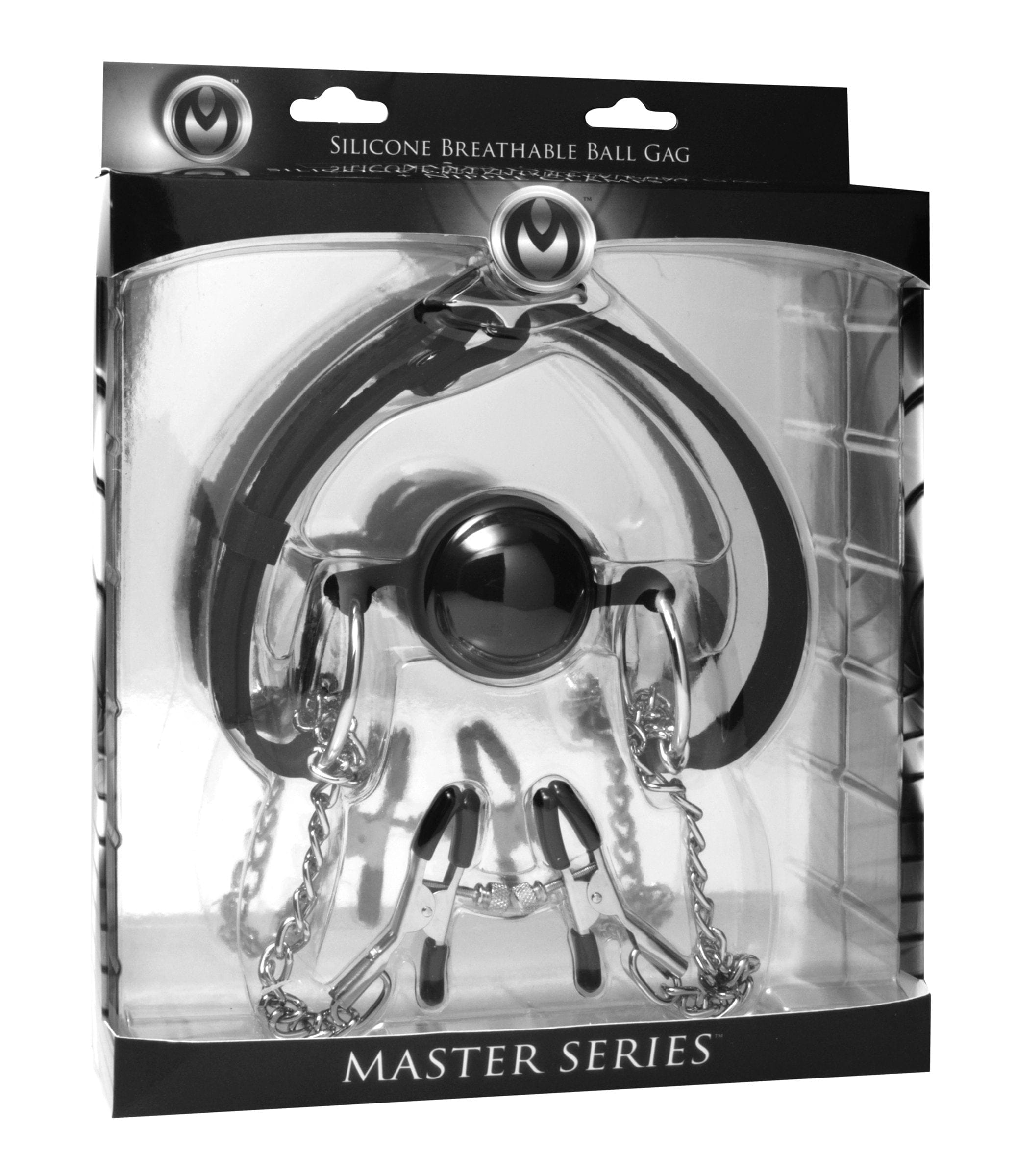 Master Series Adult Toys Black Hinder Breathable Silicone Ball Gag With Nipple Clamps 848518012869