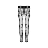 Noir Lingerie Tulle Stockings w Patterned Flock Embroidery & Power Wetlook Band