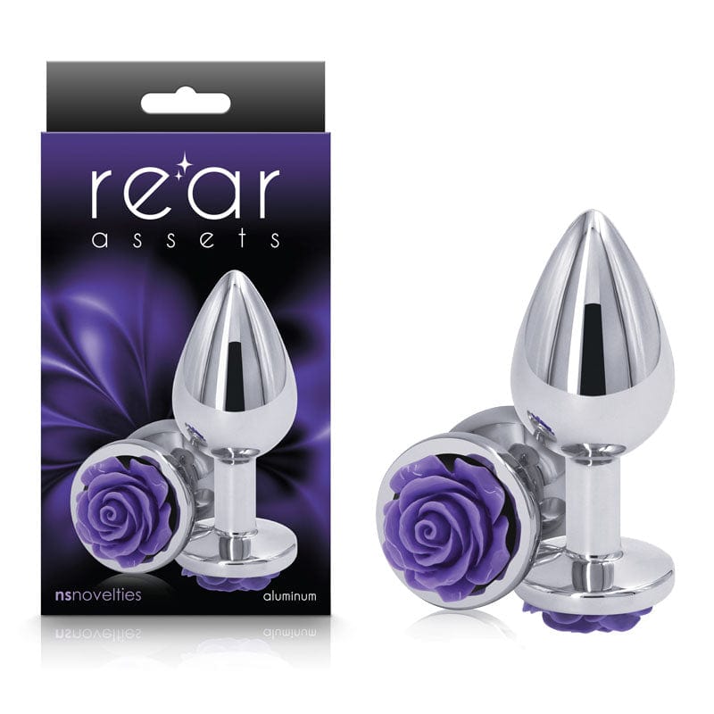 Rear Assets Rose Medium 8.9 cm Metal Butt Plug with Purple Base Silver > Anal Range > Jewel Butt Plugs