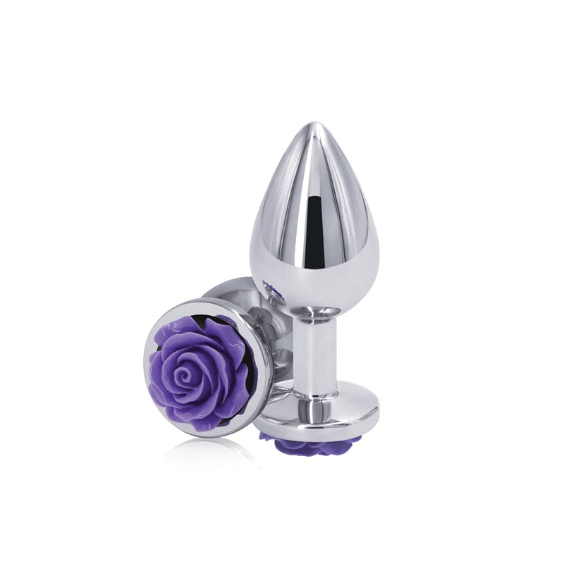 Rear Assets Rose Medium 8.9 cm Metal Butt Plug with Purple Base > Anal Range > Jewel Butt Plugs