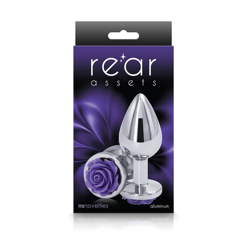 Rear Assets Rose Medium 8.9 cm Metal Butt Plug with Purple Base > Anal Range > Jewel Butt Plugs