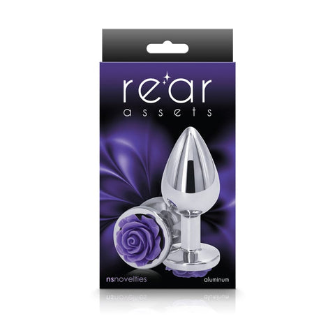 Rear Assets Rose Medium 8.9 cm Metal Butt Plug with Purple Base > Anal Range > Jewel Butt Plugs