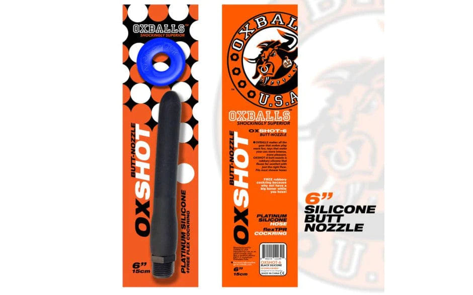 OxBalls Adult Toys Black / One Size Oxshot Butt Nozzle 6in Shower Hose w Flex Cockring 840215122391